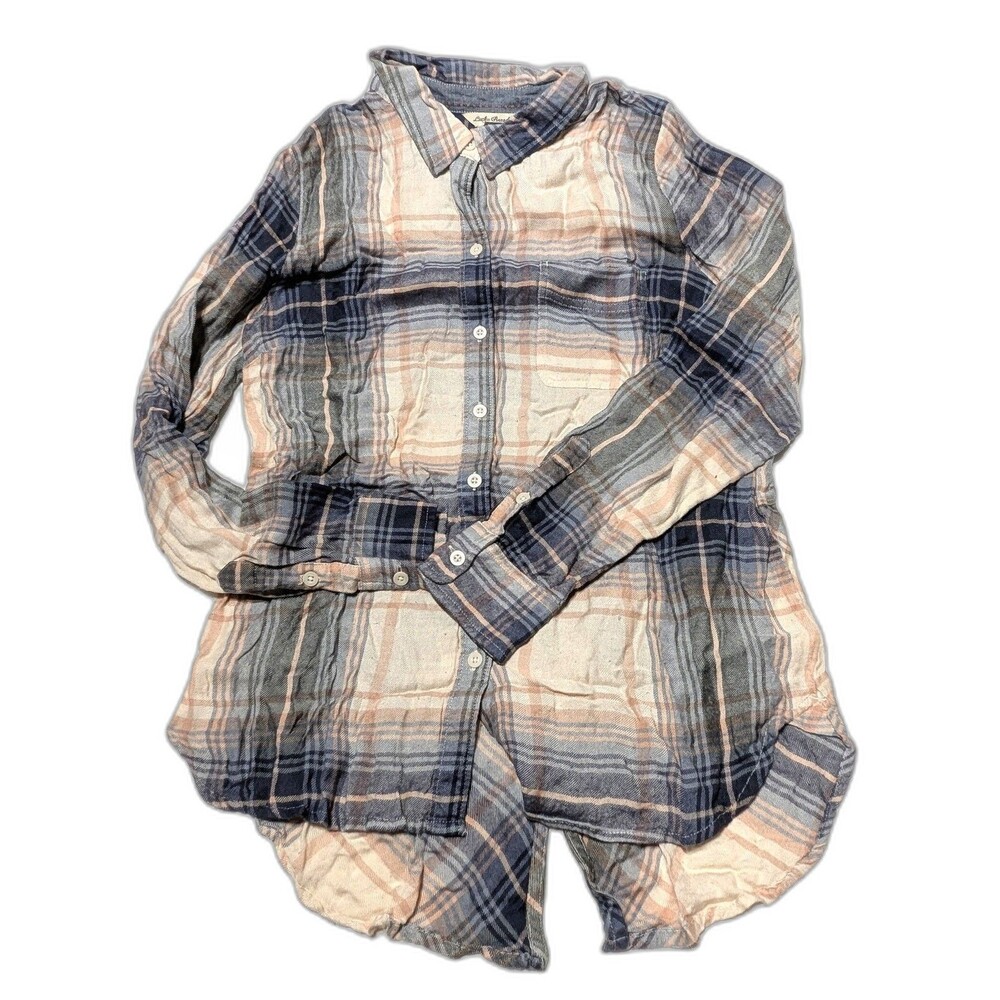 Lucky Brand Women's Button Down Long Sleeved Shirt Blue Peach Plaid Size Medium